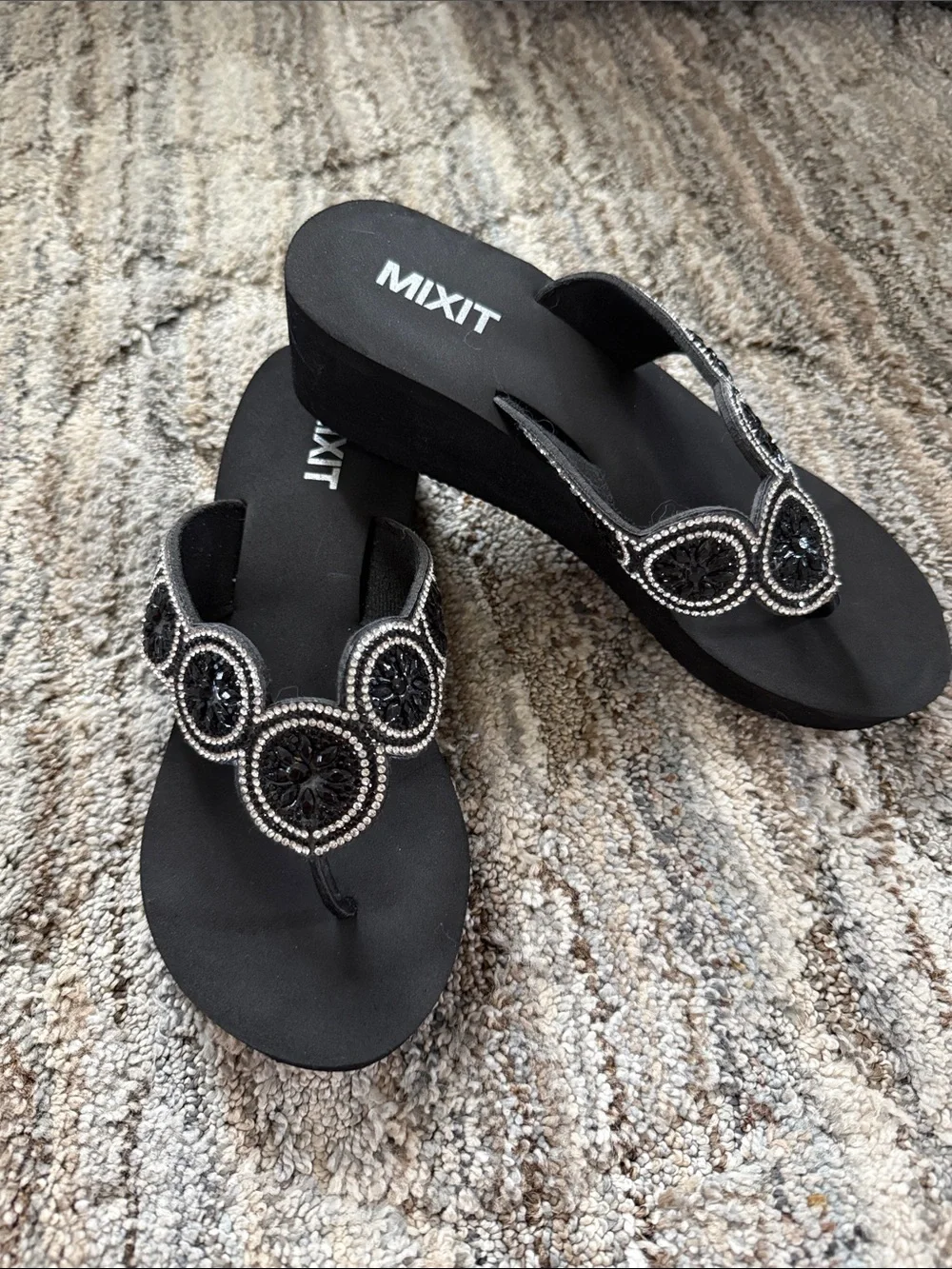 Mixit Black Beaded Wedge Thong Sandals with Silver Accents
